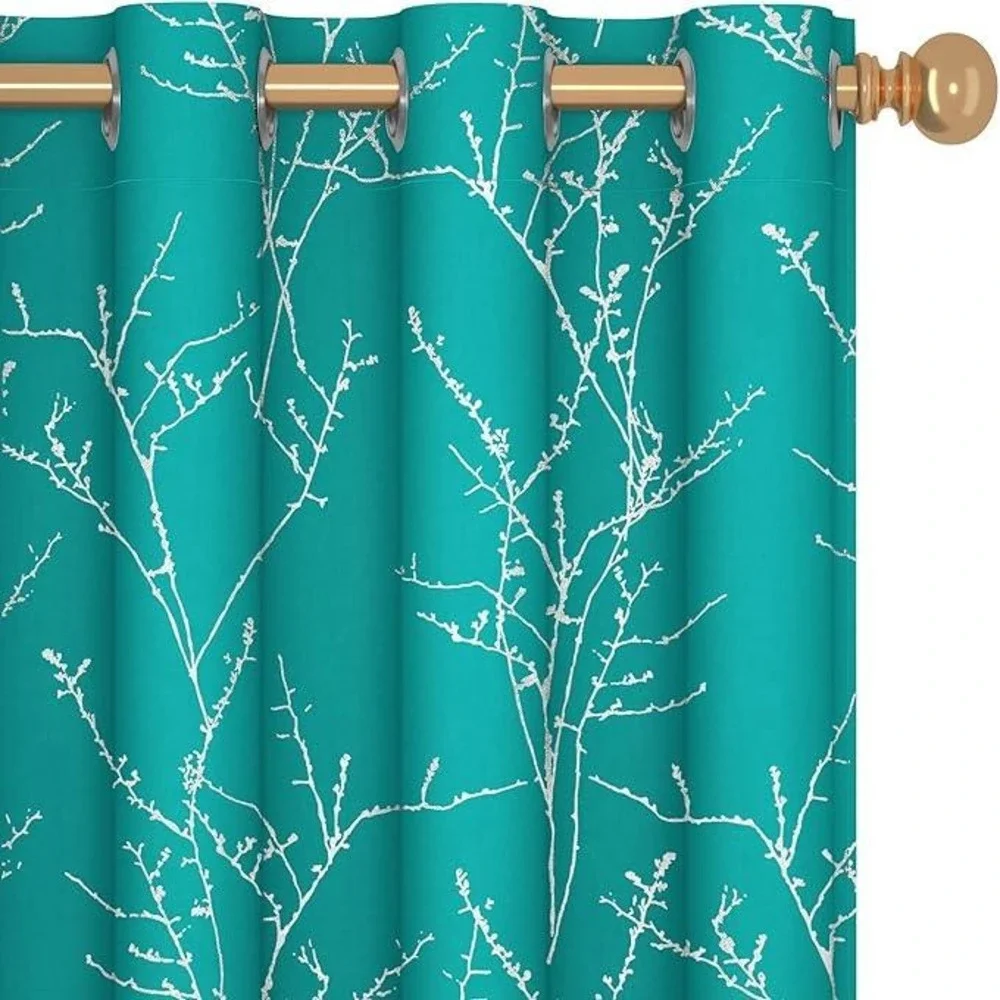 Deconovo Blackout Curtains - Turquoise Silver‎ Blossoming Branch Print 52